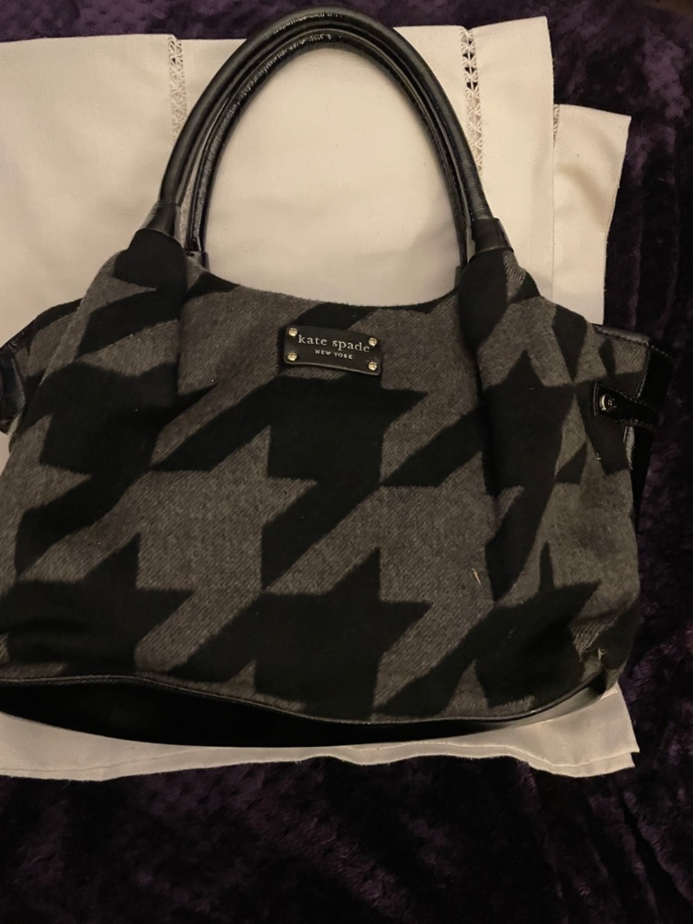 kate spade Black and Gray Houndstooth Leather Trim Tote EUC